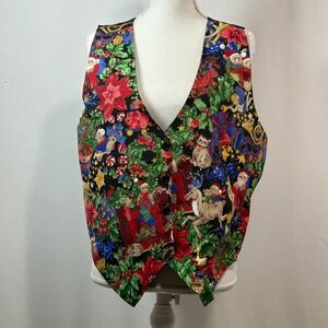 111 Main Christmas Holiday Vest‎ Santa Reindeer Teddy Bear Poinsettia Print L